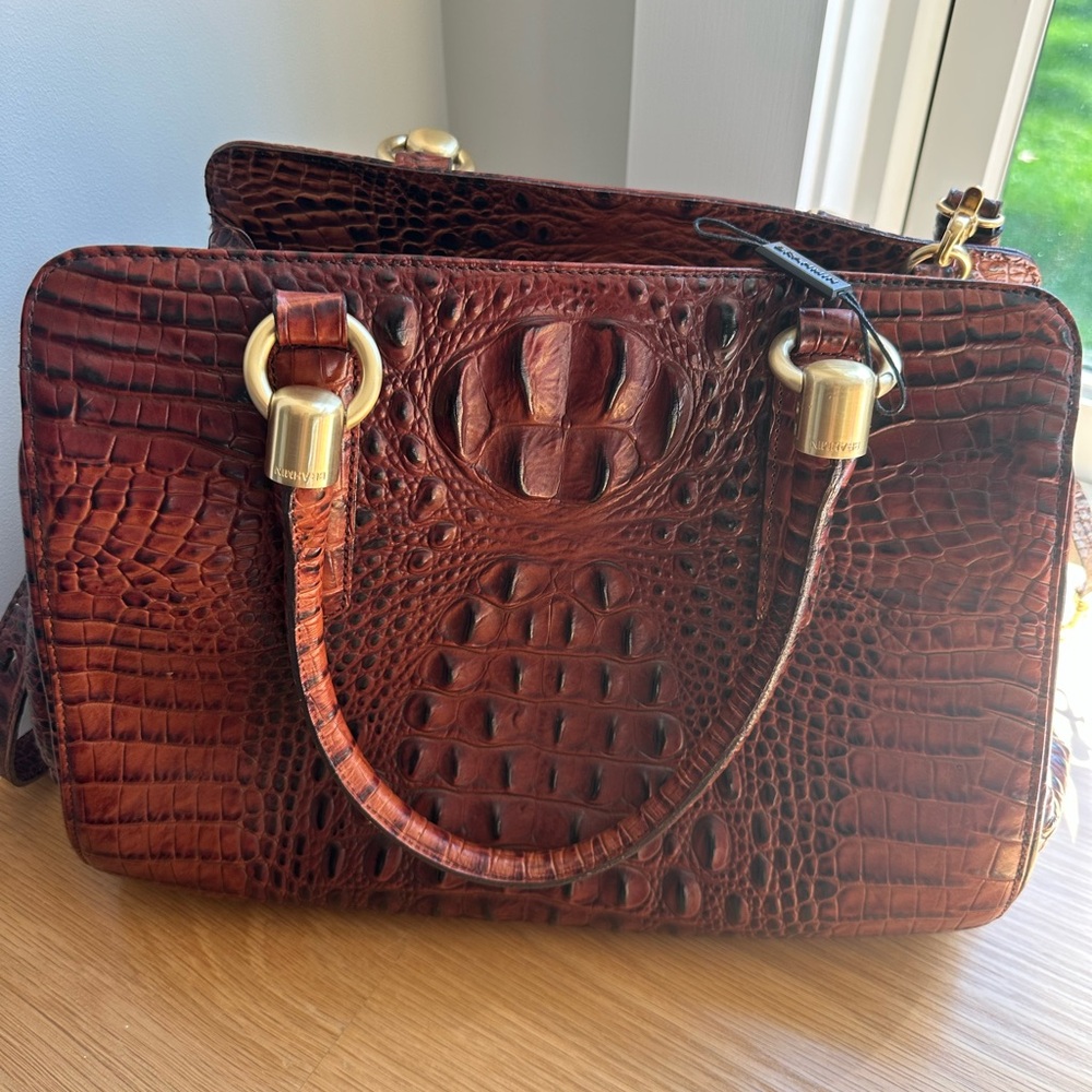 Brahmin Brown Crocodile Embossed Satchel with Gold Accents - Picture 2 of 16
